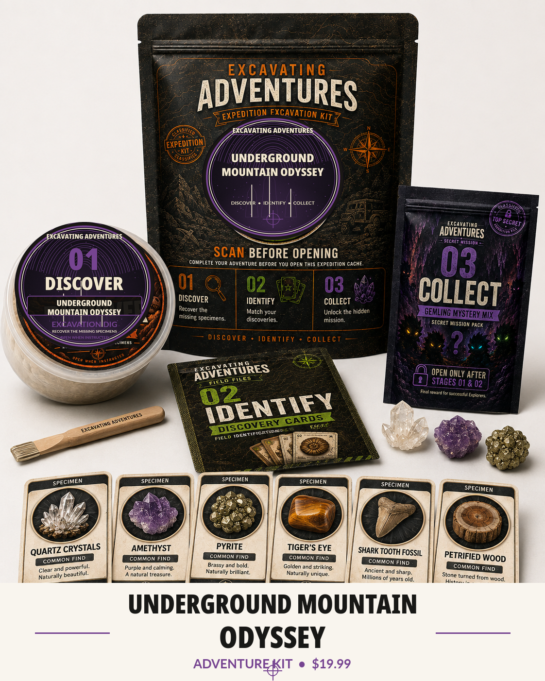 Underground Mountain Odyssey Excavating Adventures kit with crystal themed pouch, excavation dig, cards, Gemling pack, and specimens
