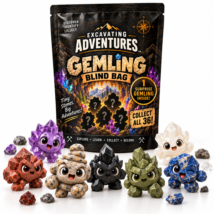 Concept illustration of Gemling Blind Bag packaging and example character designs. Single option includes one randomly selected figure; exact sculpts and colors vary.