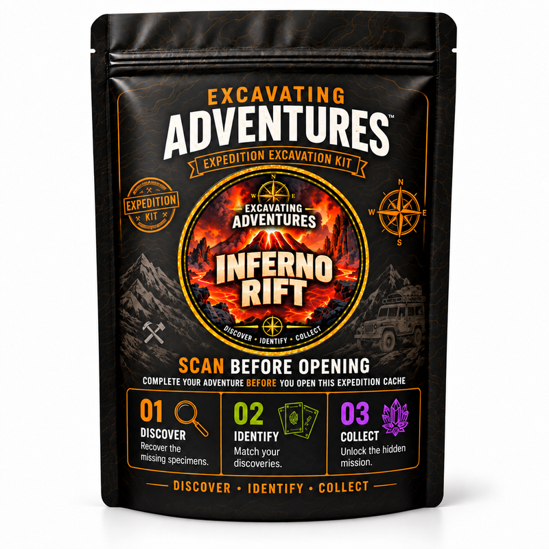 Inferno Rift - Excavating Adventures Dig Kit in its black-and-gold expedition pouch