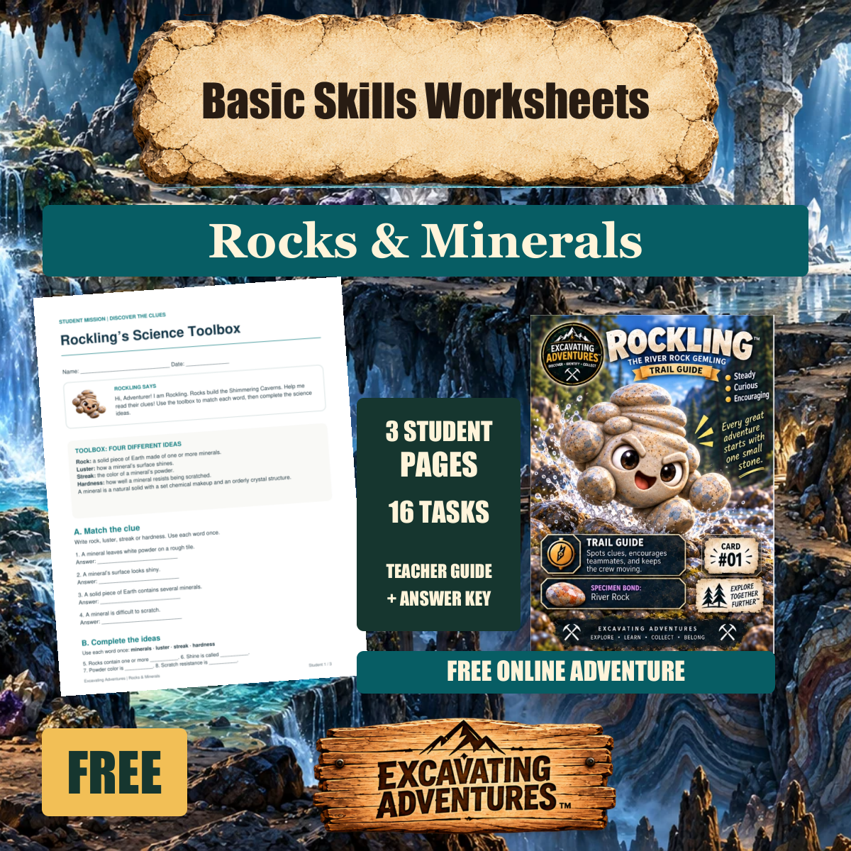 Rockling Rocks & Minerals Basic Skills Worksheets cover