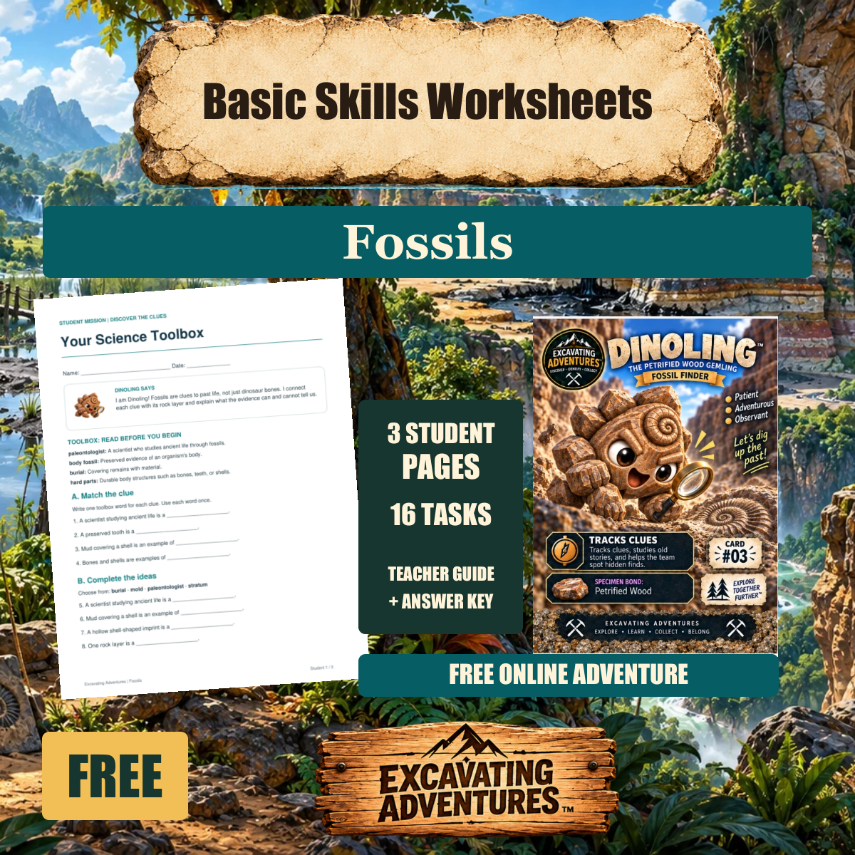 Dinoling Fossils Basic Skills Worksheets cover