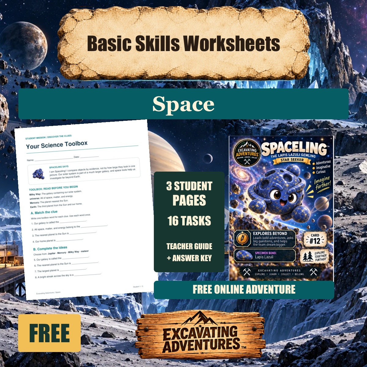 Spaceling Space Basic Skills Worksheets cover