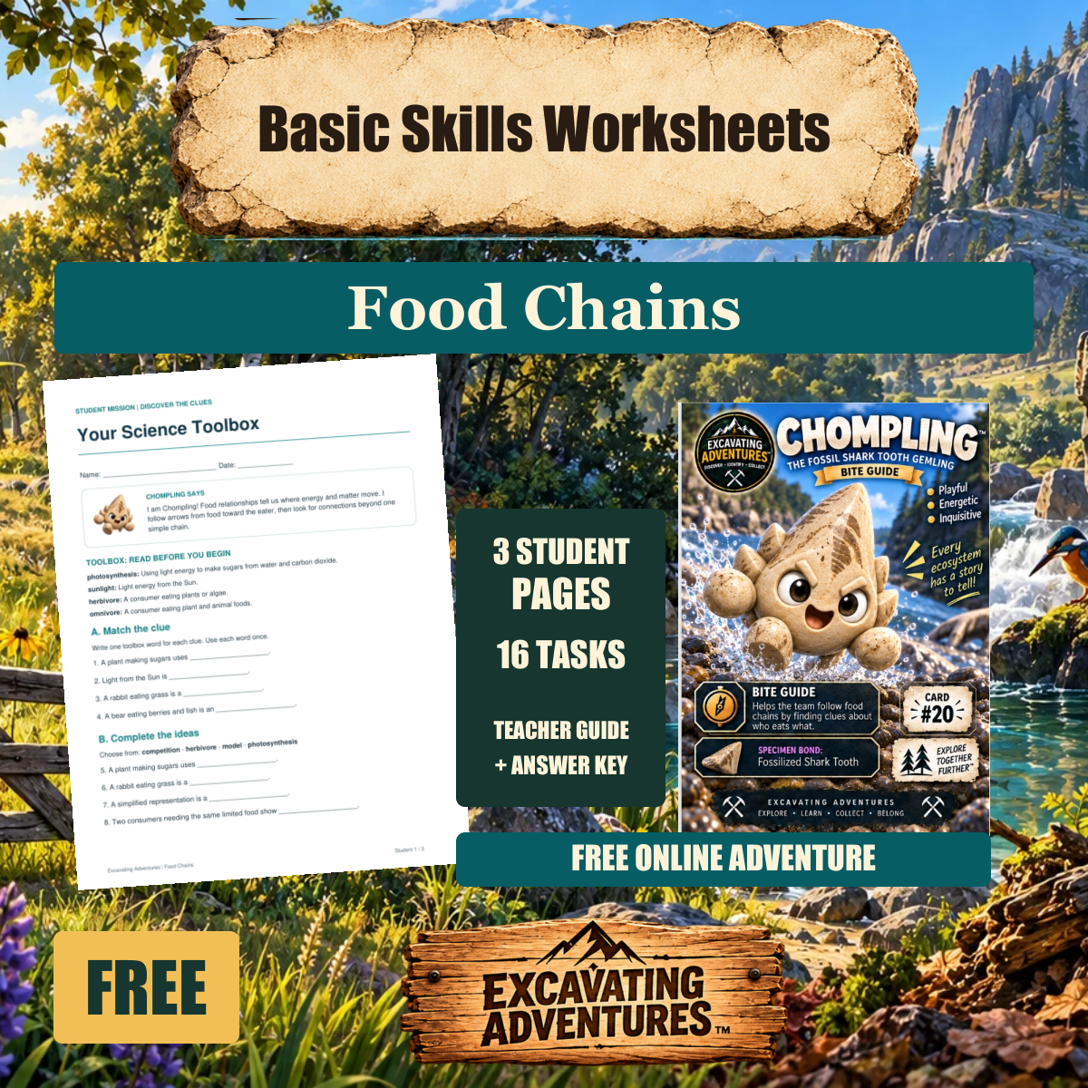 Chompling Food Chains Basic Skills Worksheets cover