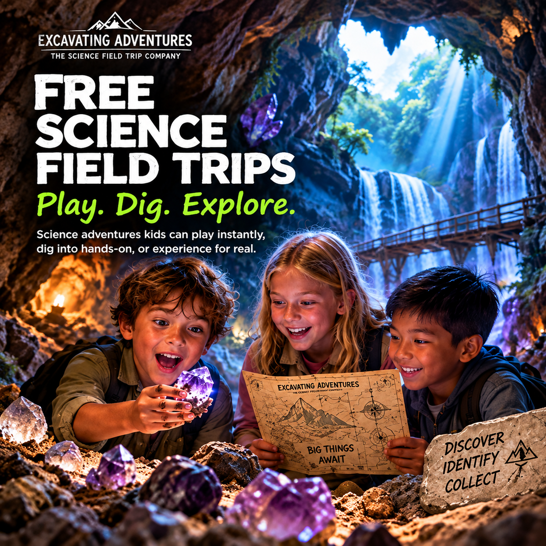 Illustration of children discovering crystals with an expedition map in a waterfall cavern, with Free Science Field Trips branding