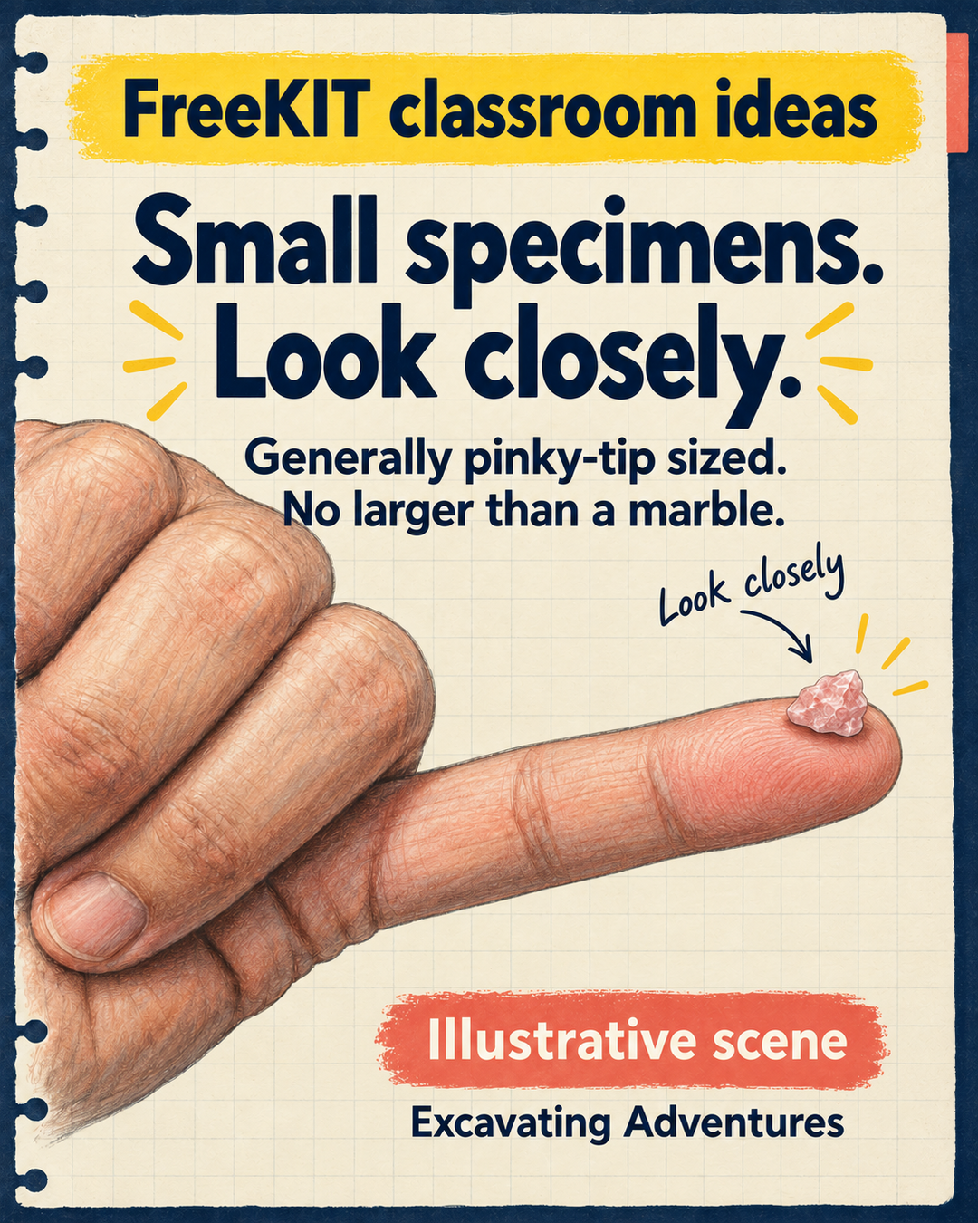 Illustrative fingertip with a small specimen, demonstrating scale rather than exact kit contents.