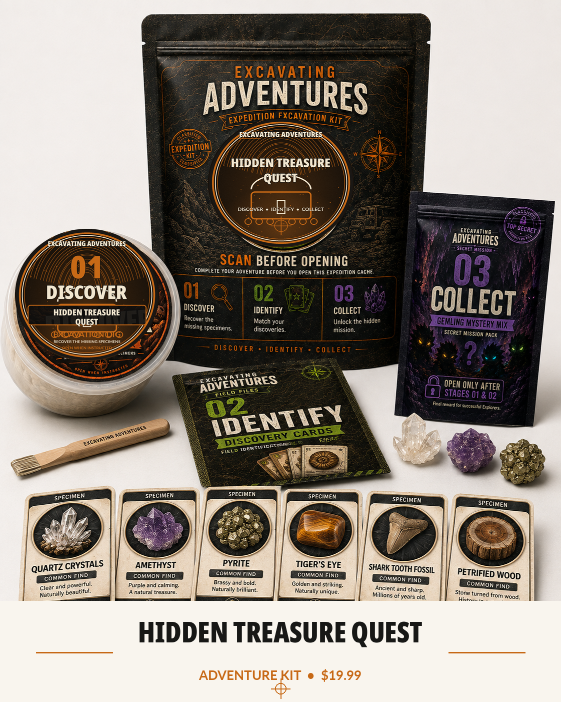 Hidden Treasure Quest Excavating Adventures kit with themed pouch, excavation dig, Discovery Cards, Gemling pack, specimens, and dig tool
