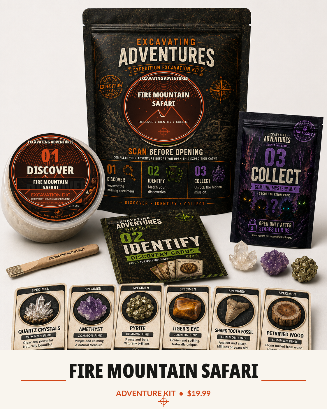 Fire Mountain Safari Excavating Adventures kit with themed pouch, Stage 01 dig, Discovery Cards, Gemling pack, specimens, and dig tool