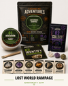 Lost World Rampage Excavating Adventures kit with prehistoric themed pouch, excavation dig, cards, Gemling pack, and specimens