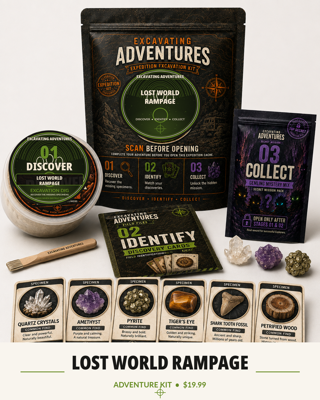 Lost World Rampage Excavating Adventures kit with prehistoric themed pouch, excavation dig, cards, Gemling pack, and specimens