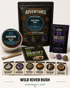 Wild River Rush Excavating Adventures kit with river themed pouch, Stage 01 excavation dig, Discovery Cards, Gemling pack, and specimens