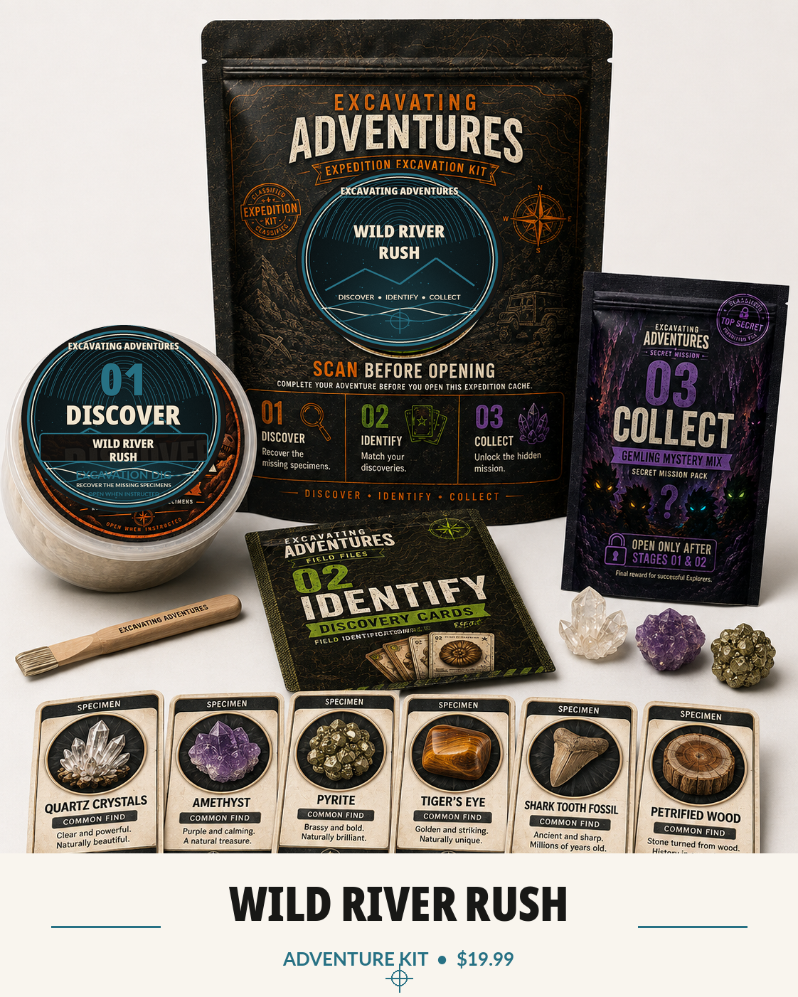 Wild River Rush Excavating Adventures kit with river themed pouch, Stage 01 excavation dig, Discovery Cards, Gemling pack, and specimens