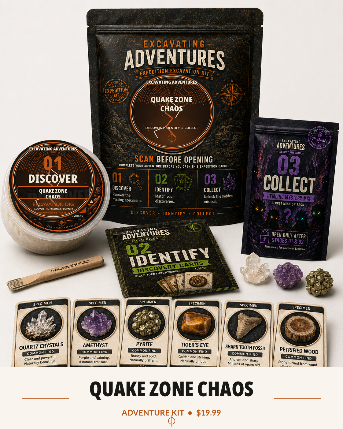 Quake Zone Chaos Excavating Adventures kit with earthquake themed pouch, excavation dig, cards, Gemling pack, and specimens