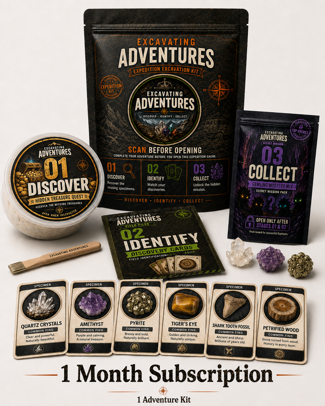 One-month Excavating Adventures subscription with one complete Adventure Kit