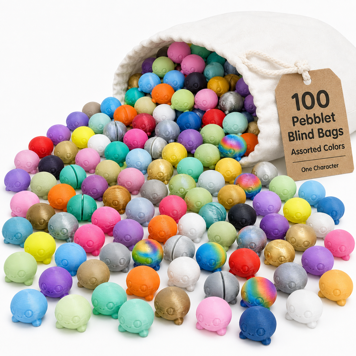 100 assorted-color versions of the same 3D-printed Pebblet Gemling character spilling from a large plain white cloth drawstring bag.