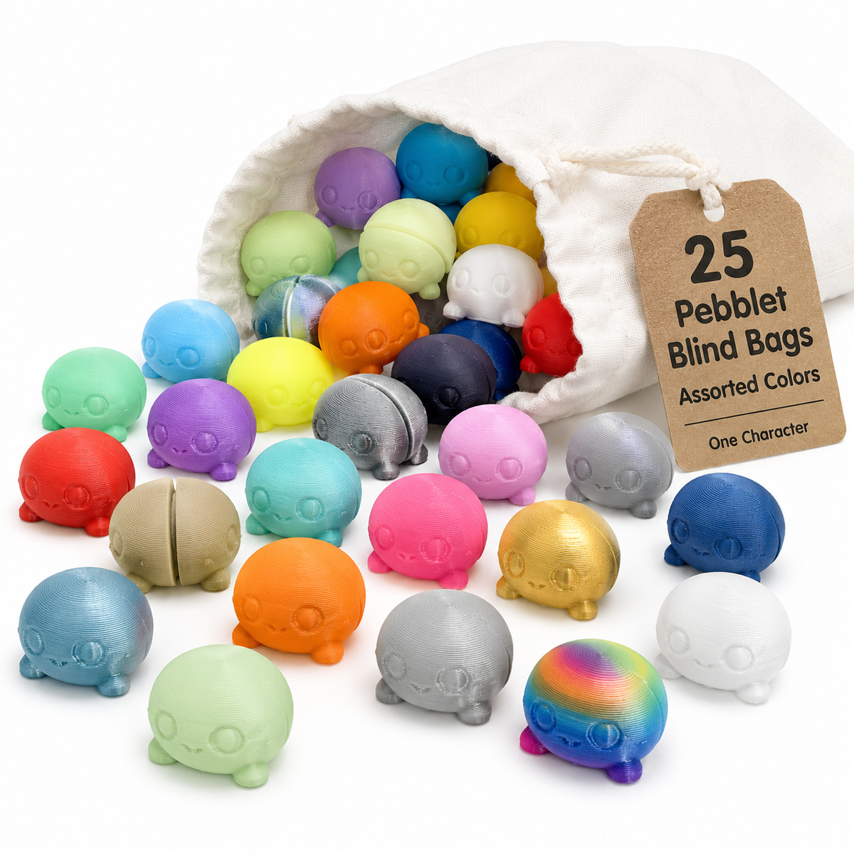 25 assorted-color versions of the same 3D-printed Pebblet Gemling character spilling from a plain white cloth drawstring bag.