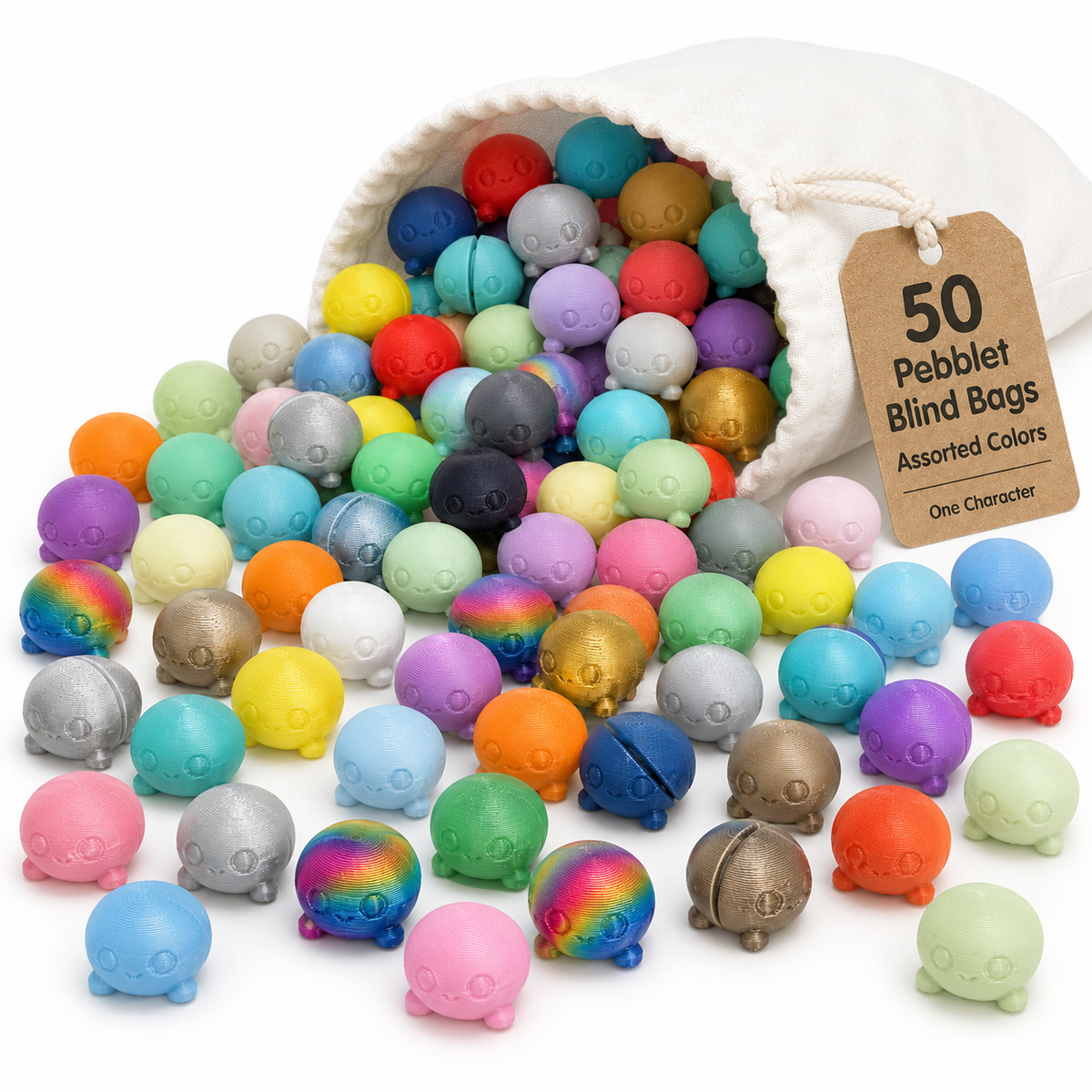 50 assorted-color versions of the same 3D-printed Pebblet Gemling character displayed with a plain white cloth drawstring bag.