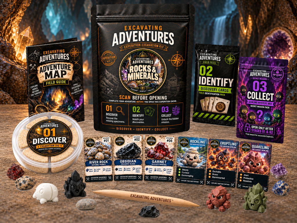 Rocks & Minerals Excavation Adventure Kit displayed in The Shimmering Caverns, with the labeled pouch, dig container, map and cards.