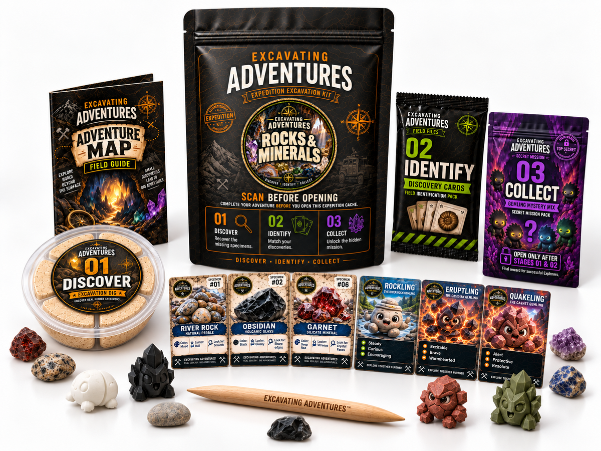 Rocks & Minerals Excavation Adventure Kit on a white background, showing the labeled pouch, dig container, map, cards and dig stick.