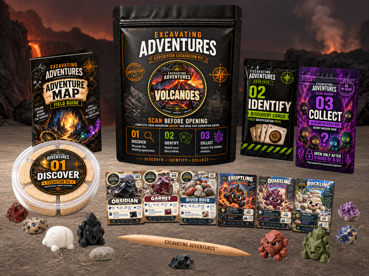 Volcanoes Excavation Adventure Kit displayed in Emberpeak Volcano, with the labeled pouch, dig container, map and cards.