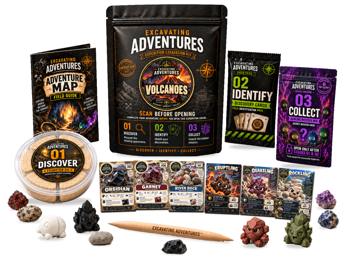 Volcanoes Excavation Adventure Kit on a white background, showing the labeled pouch, dig container, map, cards and dig stick.