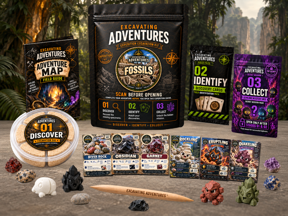 Fossils Excavation Adventure Kit displayed in Lostbone Jungle, with the labeled pouch, dig container, map and cards.