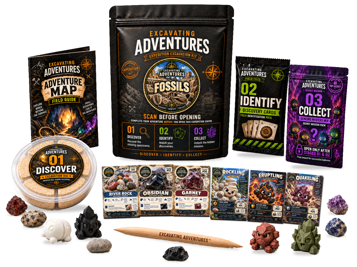 Fossils Excavation Adventure Kit on a white background, showing the labeled pouch, dig container, map, cards and dig stick.