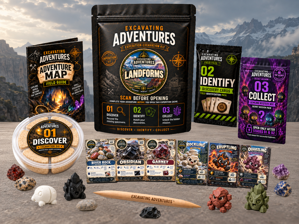 Landforms Excavation Adventure Kit displayed in Titan Terrain Range, with the labeled pouch, dig container, map and cards.