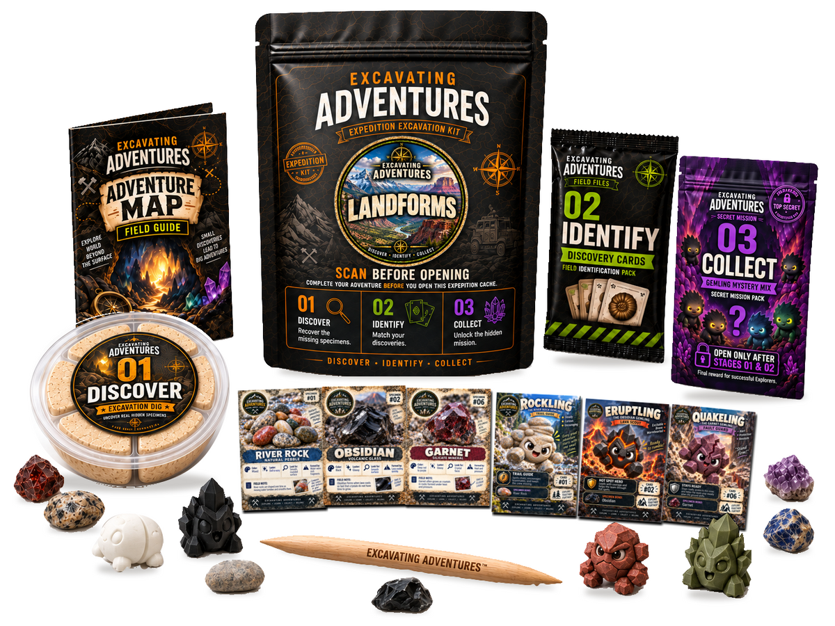 Landforms Excavation Adventure Kit on a white background, showing the labeled pouch, dig container, map, cards and dig stick.