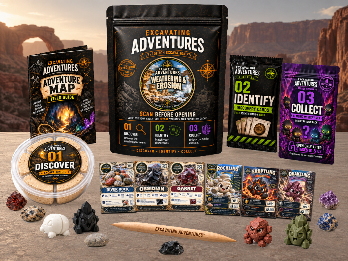 Weathering & Erosion Excavation Adventure Kit displayed in Redstone Canyon, with the labeled pouch, dig container, map and cards.