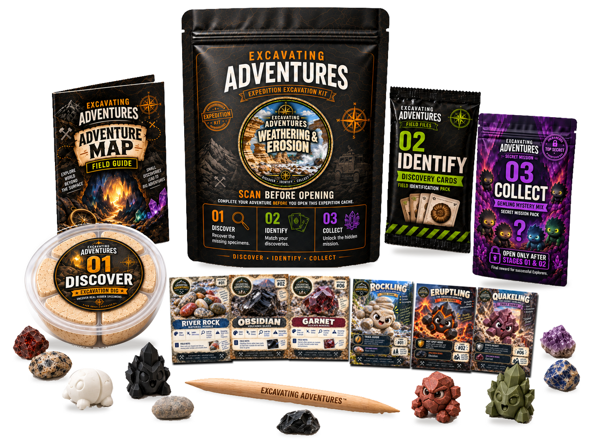 Weathering & Erosion Excavation Adventure Kit on a white background, showing the labeled pouch, dig container, map, cards and dig stick.