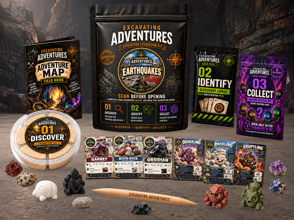 Earthquakes Excavation Adventure Kit displayed in Faultline Forge, with the labeled pouch, dig container, map and cards.