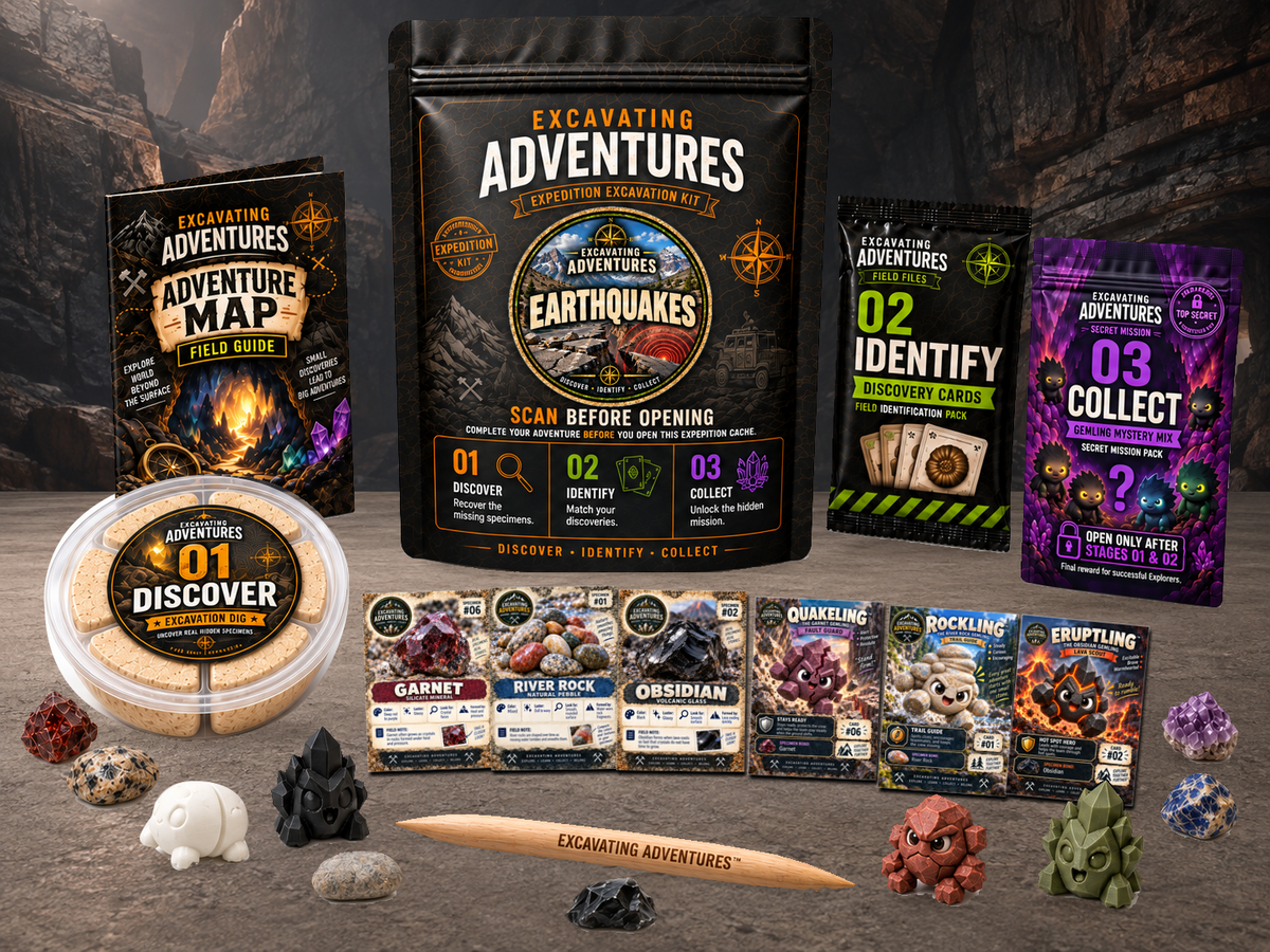Earthquakes Excavation Adventure Kit displayed in Faultline Forge, with the labeled pouch, dig container, map and cards.