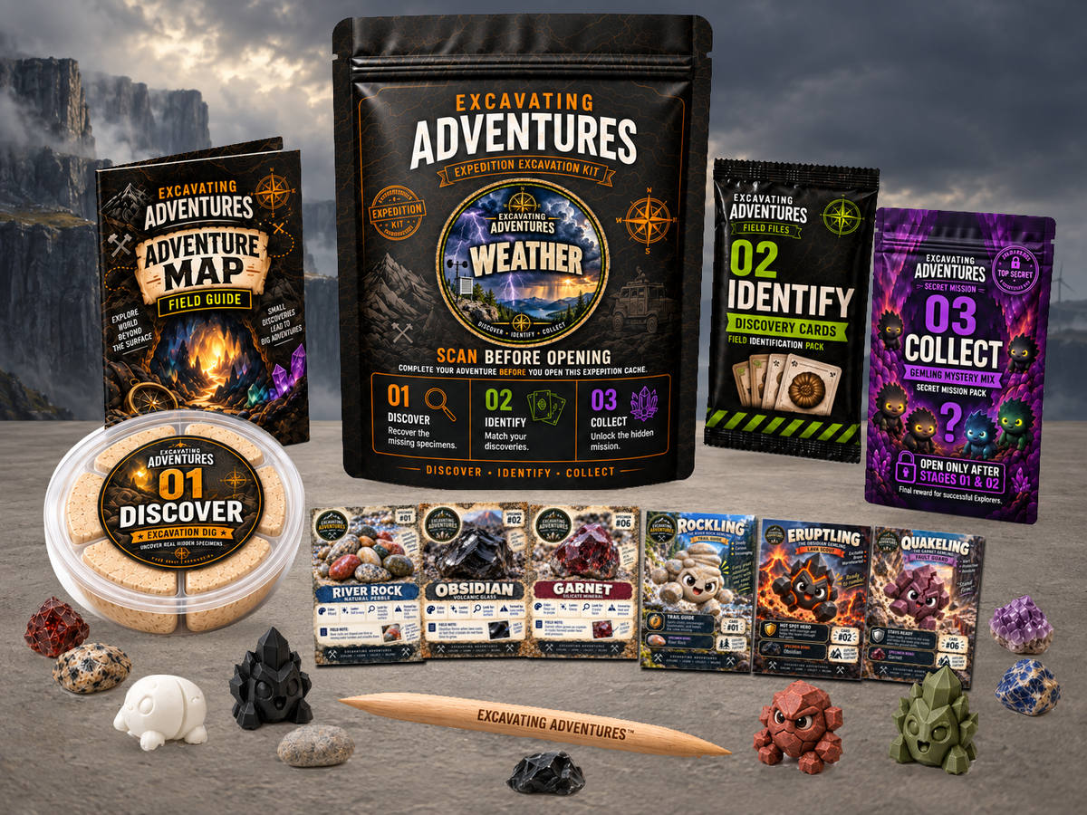 Weather Excavation Adventure Kit displayed in Stormwatch Heights, with the labeled pouch, dig container, map and cards.