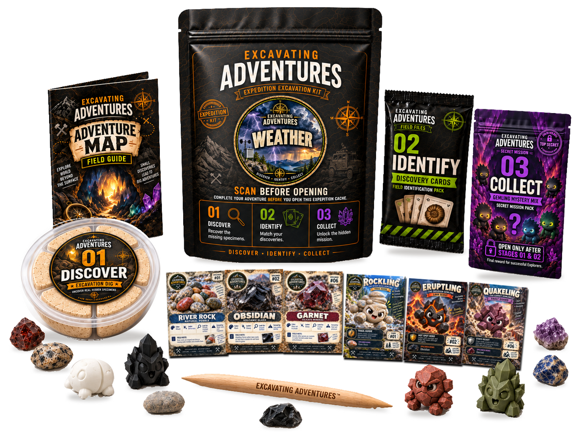 Weather Excavation Adventure Kit on a white background, showing the labeled pouch, dig container, map, cards and dig stick.