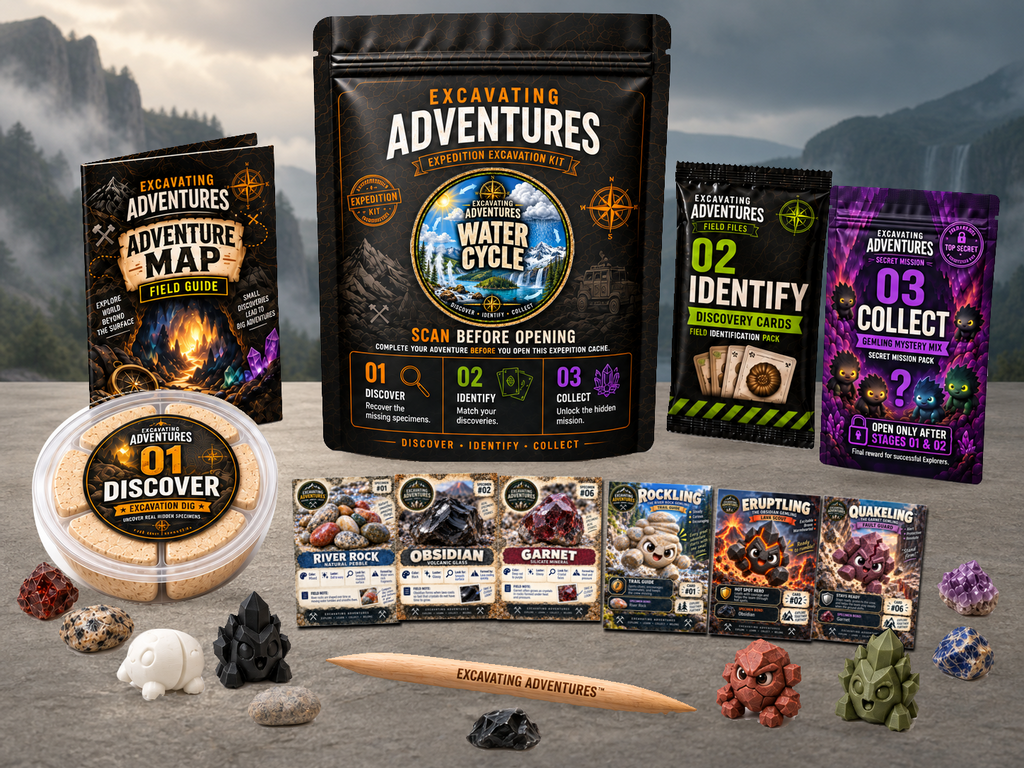 Water Cycle Excavation Adventure Kit displayed in Cloudriver Highlands, with the labeled pouch, dig container, map and cards.