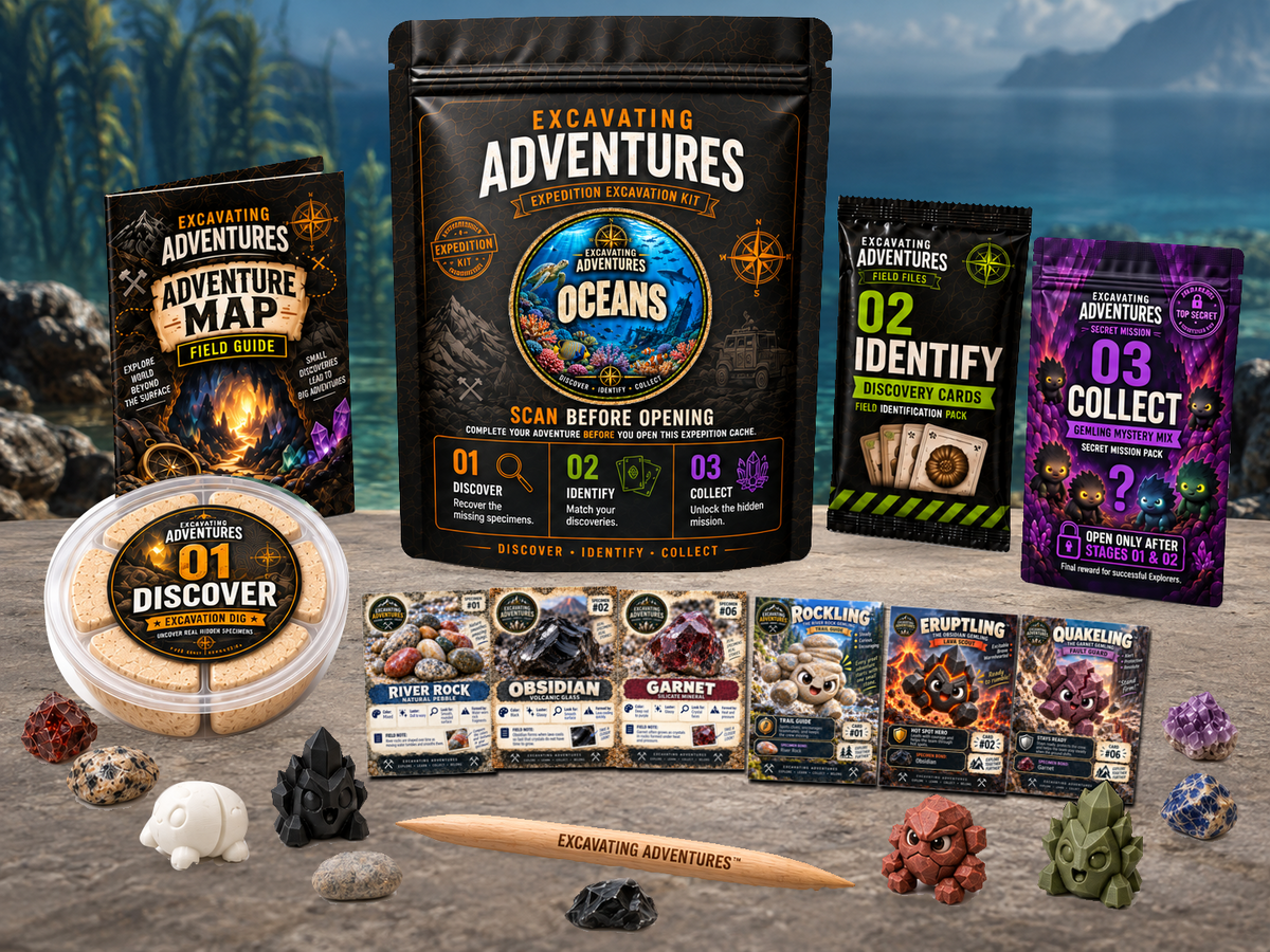 Oceans Excavation Adventure Kit displayed in Sapphire Sea Frontier, with the labeled pouch, dig container, map and cards.