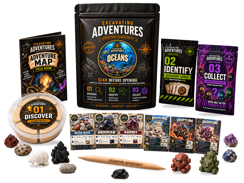 Oceans Excavation Adventure Kit on a white background, showing the labeled pouch, dig container, map, cards and dig stick.