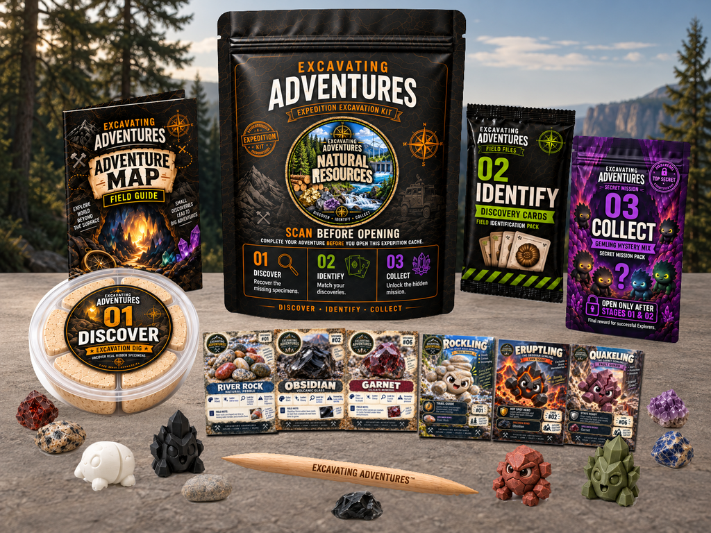 Natural Resources Excavation Adventure Kit displayed in Earthkeep Reserve, with the labeled pouch, dig container, map and cards.