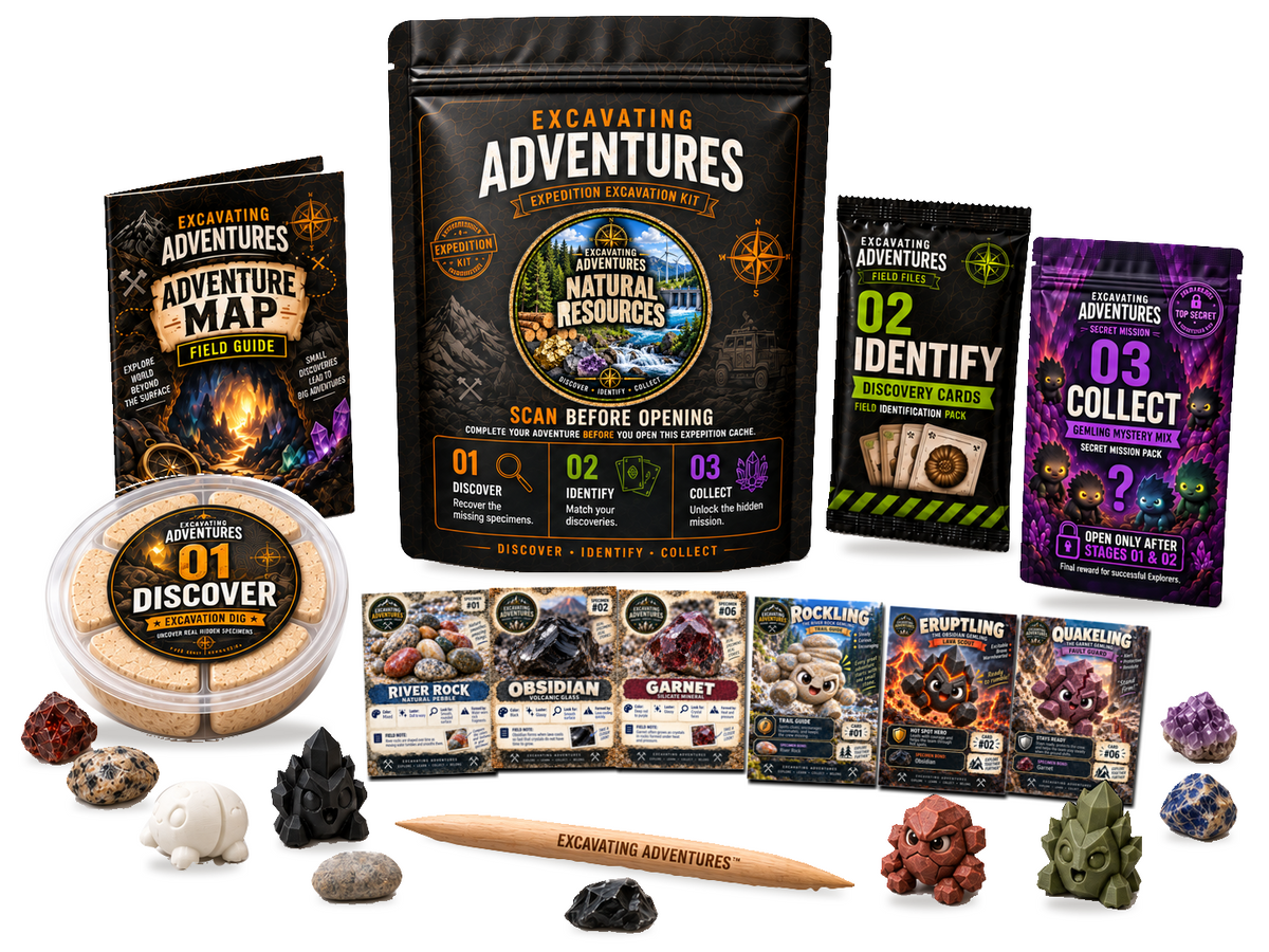 Natural Resources Excavation Adventure Kit on a white background, showing the labeled pouch, dig container, map, cards and dig stick.