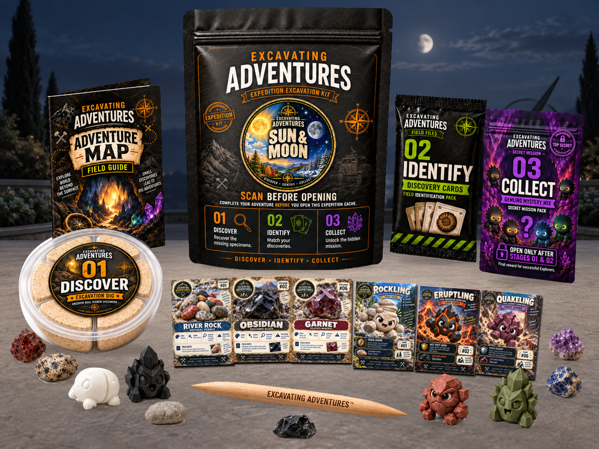 Sun & Moon Excavation Adventure Kit displayed in Sunshadow Observatory, with the labeled pouch, dig container, map and cards.