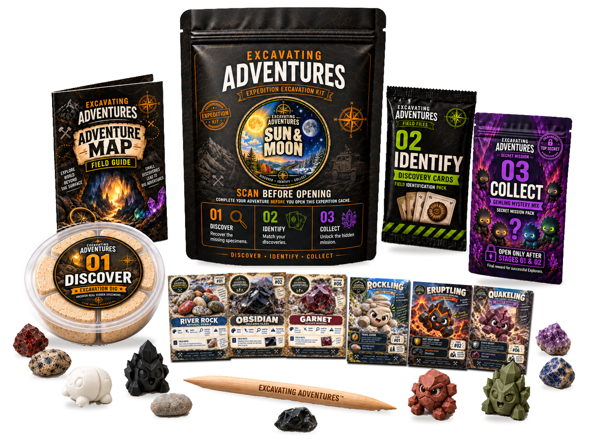 Sun & Moon Excavation Adventure Kit on a white background, showing the labeled pouch, dig container, map, cards and dig stick.