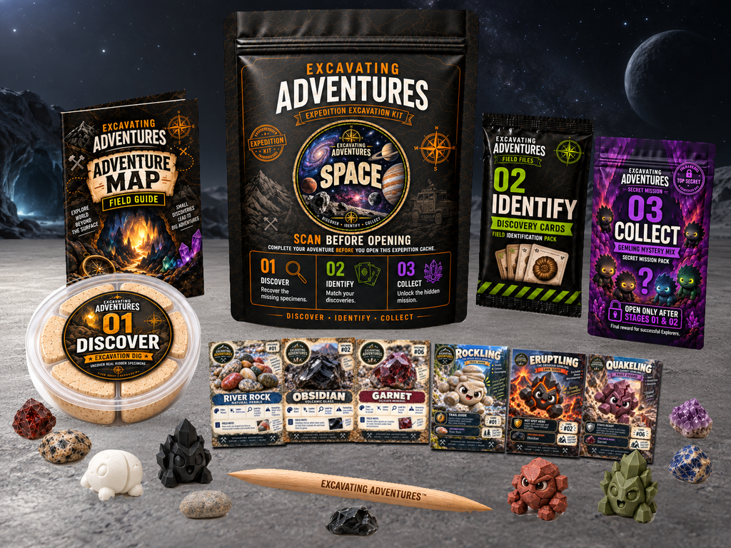 Space Excavation Adventure Kit displayed in Starfall Frontier, with the labeled pouch, dig container, map and cards.