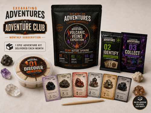 Adventure Club monthly subscription with one Excavating Adventures kit, excavation dig, discovery cards, Gemling mystery pack, specimen cards, rocks, and dig tool.