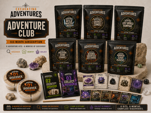 Six-month Adventure Club subscription showing all six Excavating Adventures kits with dig trays, specimen cards, Gemling collectibles, trading cards, rocks, and tools.