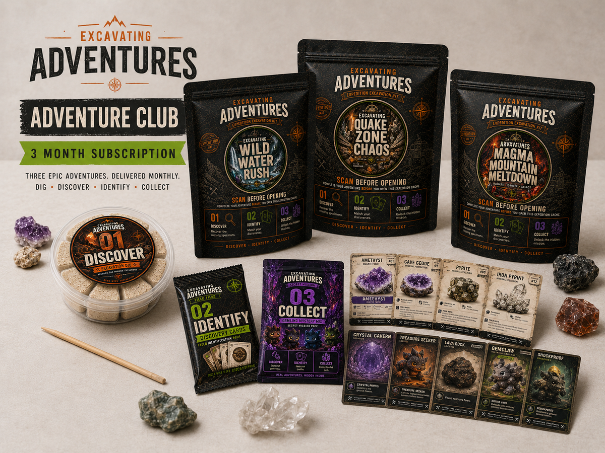 Three-month Adventure Club subscription showing three Excavating Adventures kits with a dig tray, discovery cards, Gemling pack, specimen cards, rocks, and crystals.