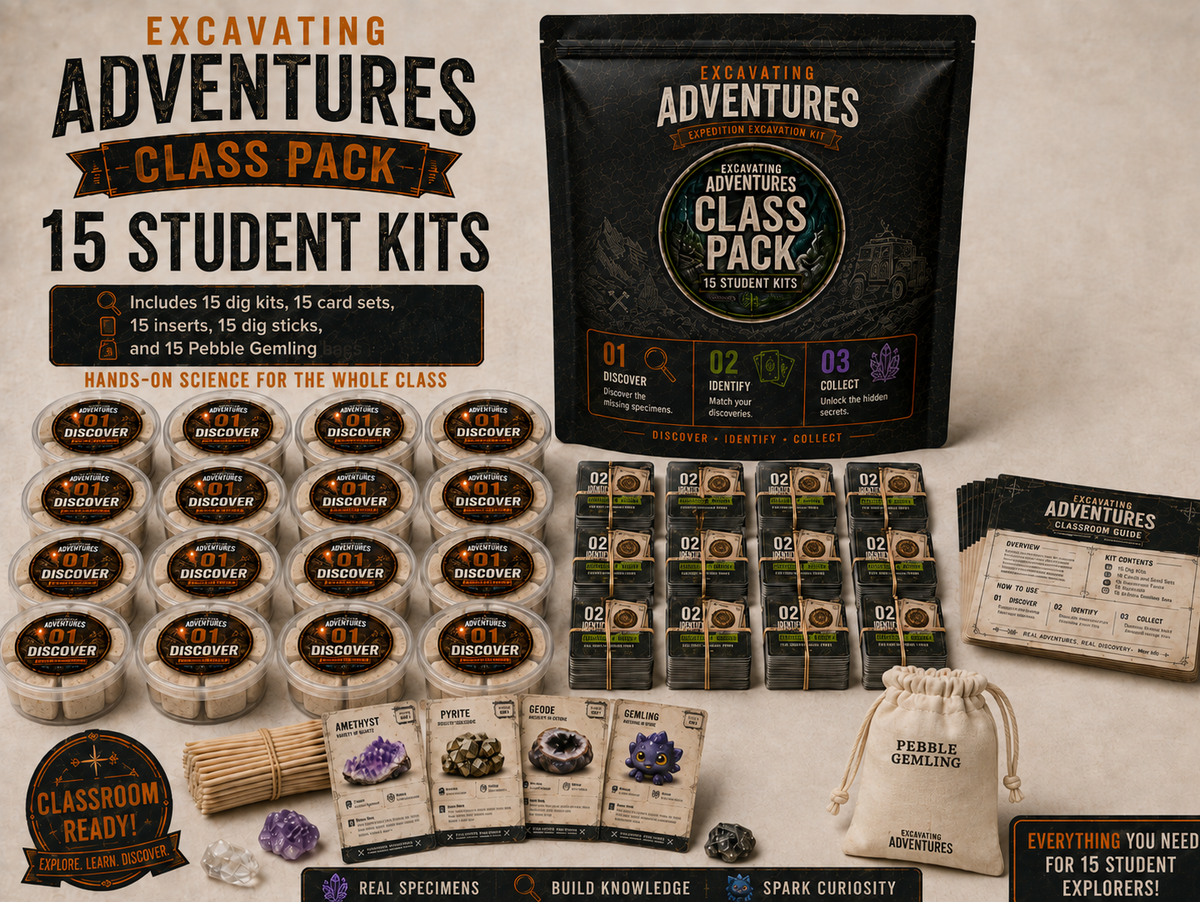 Excavating Adventures Class Pack product image showing 15 round dig kits, 15 card sets, 15 classroom inserts, dig sticks, a large class pack pouch, teacher guide, and Pebble Gemling bag for classroom science adventures.