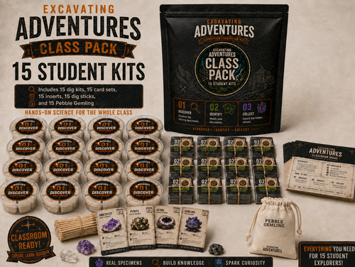 Excavating Adventures Class Pack product image showing 15 round dig kits, 15 card sets, 15 classroom inserts, dig sticks, a large class pack pouch, teacher guide, and Pebble Gemling bag for classroom science adventures.