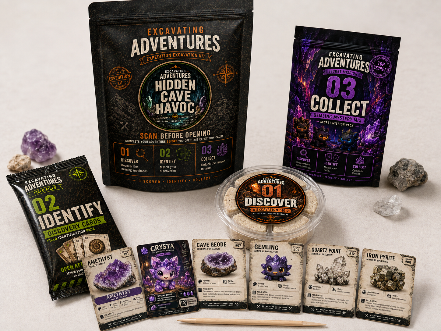 Hidden Cave Havoc science kit with excavation dig, specimen cards, Gemling pack, rocks, and digging tool.