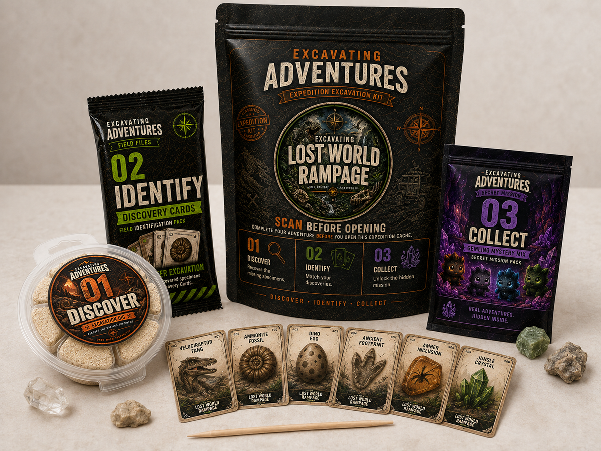 Lost World Rampage dinosaur science kit with excavation dig, six discovery cards, Gemling pack, and specimens.