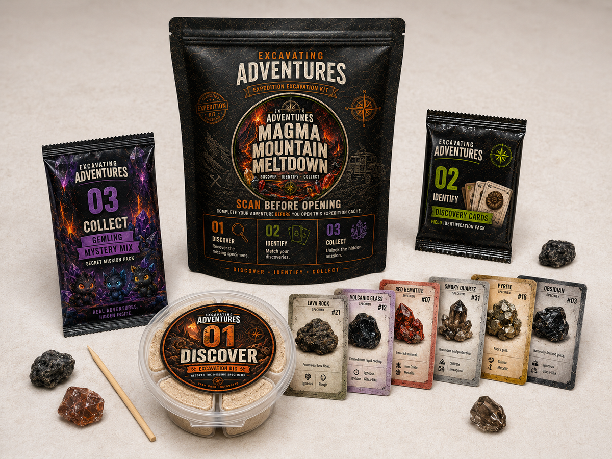 Magma Mountain Meltdown volcano excavation kit with six specimens, Discovery Cards, dig container, Gemling collectible pack, and excavation tool.